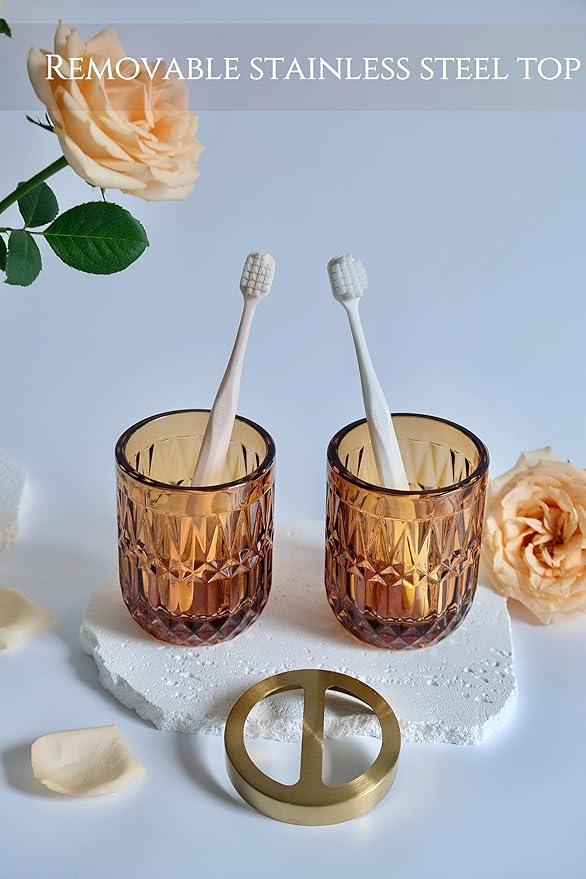 LaMarriti Amber Bathroom Accessories Set, 5Pcs Clear Glass Bathroom Sets, Hand Soap Dispenser, Soap Dish, Toothbrush Holder Set, Qtips Holder for Crystal Vintage Bath Decor, Set - ModernBath