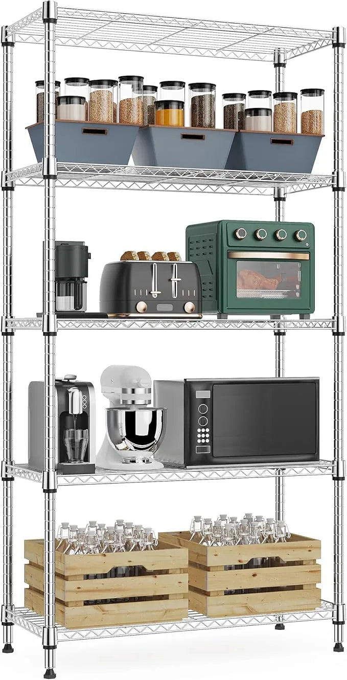 1250 lbs 5 Tier Shelf Metal Storage Shelves Wire Rack Closet Organizers with Wheel for Garage Kitchen Bathroom Laundry Chrome 13.7" D x 23.6" W x 62.4" H - ModernBath