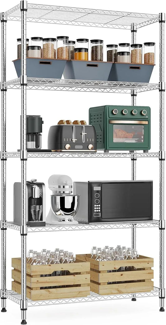 1250 lbs 5 Tier Shelf Metal Storage Shelves Wire Rack Closet Organizers with Wheel for Garage Kitchen Bathroom Laundry Chrome 13.7" D x 23.6" W x 62.4" H - ModernBath