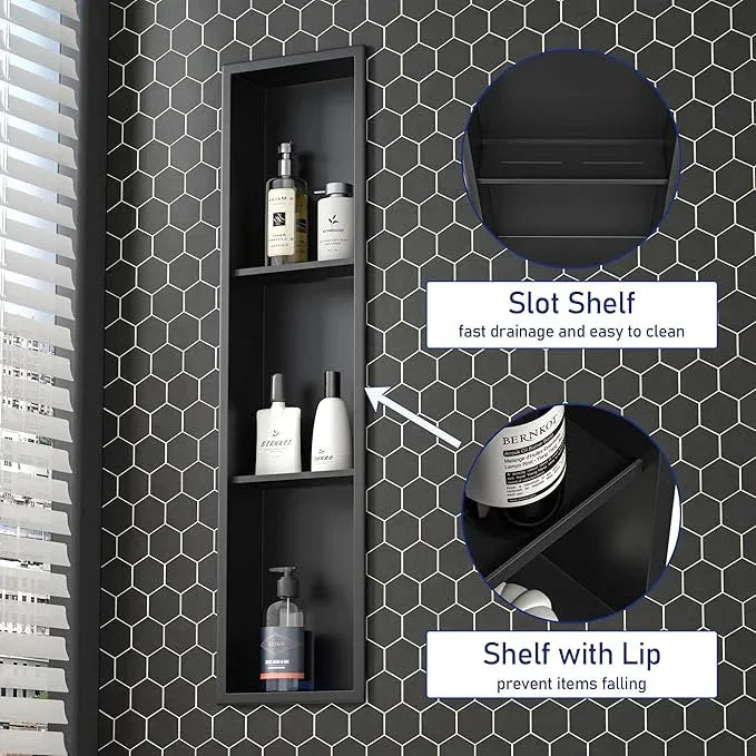 Stainless Steel Shower Niche 8"×36" Matte Black with 3-Tier Shelves No Tiled Needed Niche Shower for Bathroom Wall Recessed Bathroom Shower Shelf for Storage - ModernBath