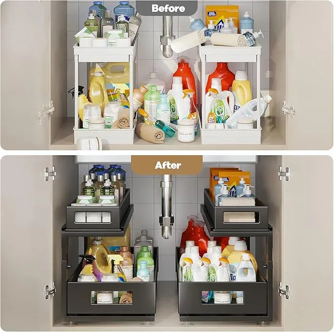2 Pack 21.3IN-Depth Under Sink Organizer with Next-Gen Ball-Bearing Slides,2-Tier Pull Out Cabinet Storage,Height Adjustable Drawer Shelf for Bathroom,Kitchen,Laundry,Cabinet,Pantry-Black - ModernBath