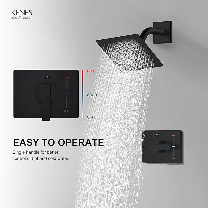 KENES Matte Black Shower Faucet with 6-Inch Shower Head and Handle Set, Square Shower Faucet Set Bathroom Rainfall Shower System Wall Mount, KE-6025B-2 (Shower Valve Included) - ModernBath