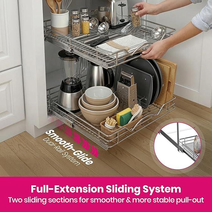 HOLDN’ STORAGE Two Tier Pull Out Cabinet Organizer, Individual Sliding Drawers - Heavy Duty Metal with Lifetime Limited Warranty - Anti Rust Chrome Finish - 30" W x 21”D x 16.5" H - ModernBath