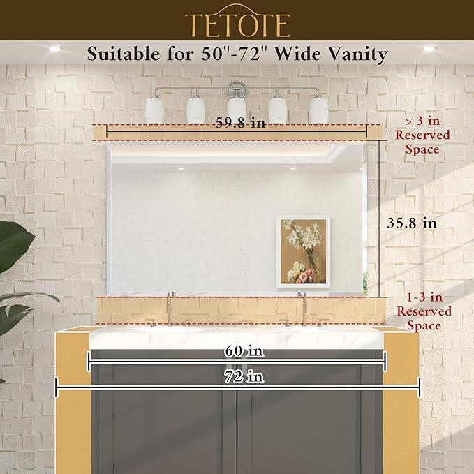 TETOTE 60" x 36" Rectangle Tempered Mirror with Frameless Beveled Edge for Vanity and Bathroom - ModernBath