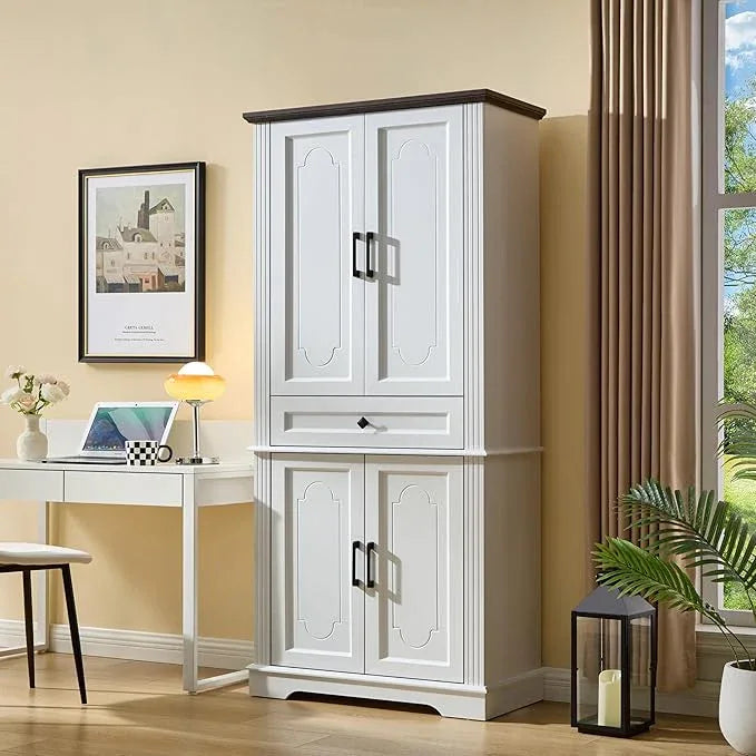 71" White Tall Pantry Cabinet with Drawer and Adjustable Shelves, Modern Storage Cabinet with Doors, Kitchen Buffet Cabinet, Food Pantry Storage Cabinet, Coffee Bar, Living Room and Dining Room - ModernBath