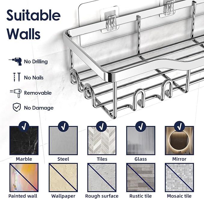 Shower Caddy Adhesive Shower Organizer 7-Pack, Rustproof Stainless Steel Bathroom Shelves, Large Capacity No-Drill Rack Storage Accessories with Soap Dish Toothbrush Holder Hooks (Silver) - ModernBath