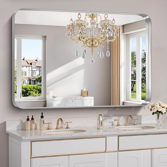 FORBATH 55x36 Inch Large Bathroom Mirror for Double Sinks, Brushed Silver Deep Frame Wall Mirror with Rounded Corners, Anti-Rust Tempered Glass for Modern Farmhouse Vanity (Horizontal/Vertical) - ModernBath
