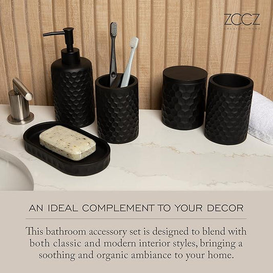 zccz 6 Piece Bathroom Accessories Set, Toothbrush Holder, Toothbrush Cup, Soap Dispenser,Bathroom Vanity Tray, Qtip Holder, Trash Can - Black - ModernBath