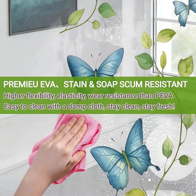 CAPQL Clear Green Vine Blue Butterfly Shower Curtain Liner, Plastic Transparent Green Plant Shower Curtains for Bathroom, 72x72 Weighted Magnetic Shower Curtain Set with 12 Hooks - ModernBath