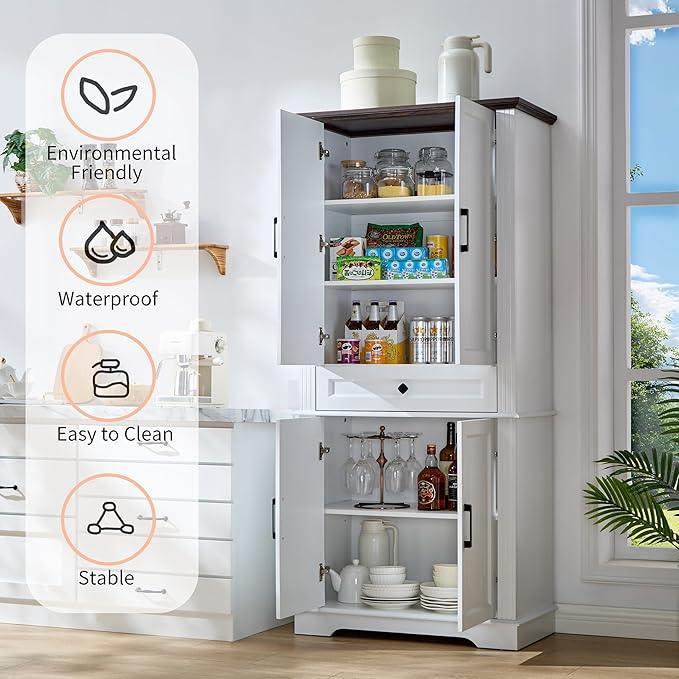 71" White Tall Pantry Cabinet with Drawer and Adjustable Shelves, Modern Storage Cabinet with Doors, Kitchen Buffet Cabinet, Food Pantry Storage Cabinet, Coffee Bar, Living Room and Dining Room - ModernBath