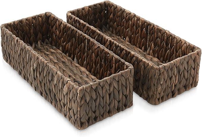 Casafield Set of 2 Bathroom Storage Baskets, Espresso - Water Hyacinth, 16" W x 6.75" D x 4.25" H, Woven Toilet Tank Topper Bins for Organizing Tissues, Toilet Paper, Toiletries, Shelves - ModernBath