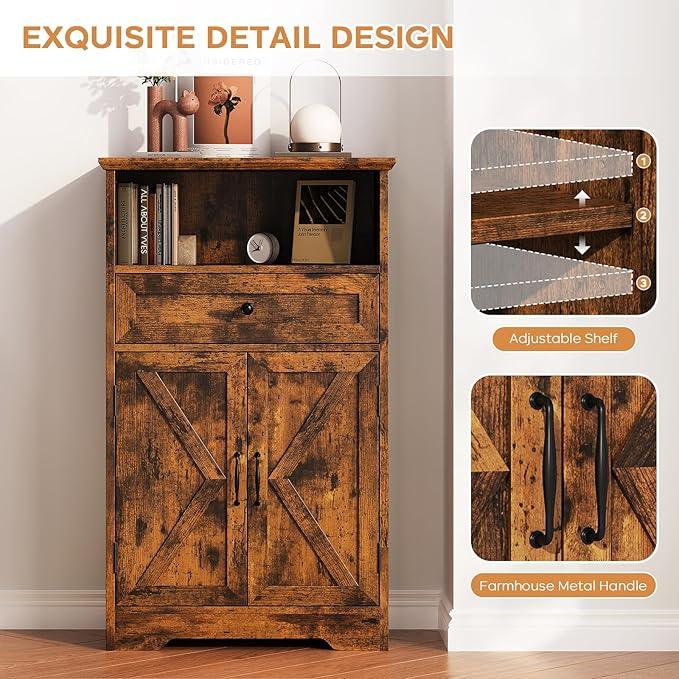 Floor Cabinet, Farmhouse Storage Cabinet with Barn Doors and Drawer, 11.81" D x 23.62" W x 39.37" H Rustic Brown Freestanding Adjustable Shelf Organizer for Bathroom, Kitchen, Living Room - ModernBath