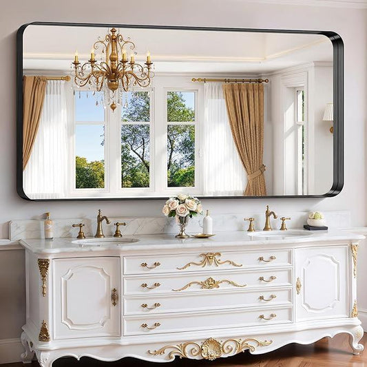 FORBATH 72x36 Inch Oversized Bathroom Mirror for Double Sinks, Brushed Black Deep Frame Full Length Wall Mirror with Rounded Corners, Anti-Rust Tempered Glass (Horizontal/Vertical) - ModernBath
