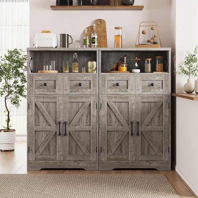 Small Farmhouse Storage Cabinet with Barn Doors, Farmhouse Kitchen Pantry Cabinet, Tall Coffee Bar with Storage, Hutch Cupboard for Kitchen, Laundry, Living Room, Washed Grey - ModernBath