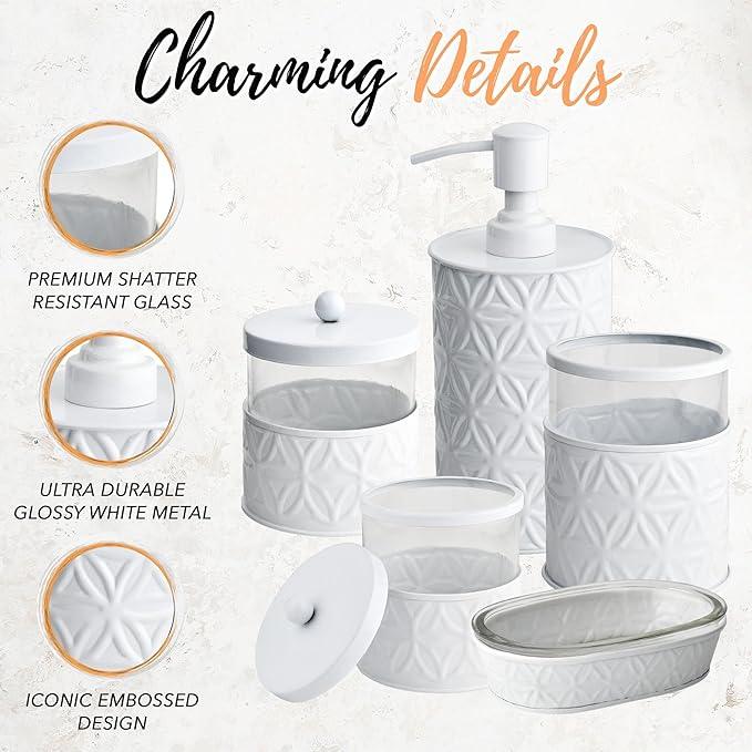 Autumn Alley White Bathroom Accessories Set, 5 Pieces, Bathroom Decor - Soap Dispenser Bathroom/Lotion Dispenser, Toothbrush Holder, 2 Glass Apothecary Jars (Qtip Holder), Soap Holder - ModernBath