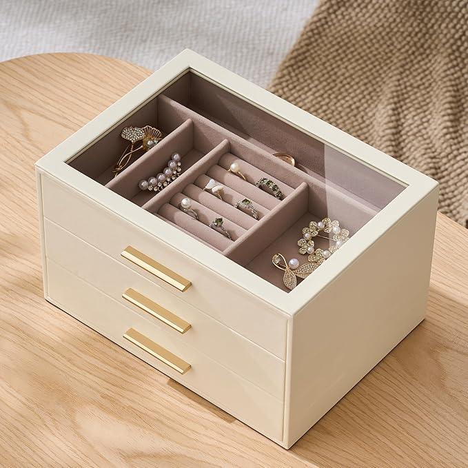 pickpiff Jewelry Box Organizer Case for Women: 3-Layer Jewelry Storage Case with Glass Window, Ivory Leather with Pink Velvet, Holder for Ring Necklace Bracelet Brooch Watch, Great Gift for Her - ModernBath