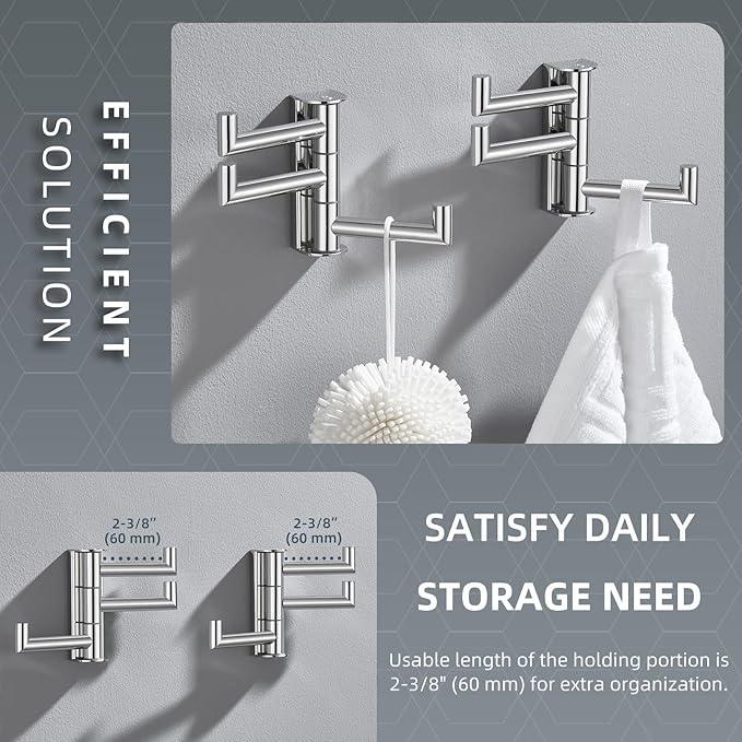 Angle Simple Swivel Towel Hooks for Bathroom, SUS 304 Stainless Steel Foldable 3 Arms Hand Towel Holder, Coat Wall Hooks, Polished Chrome, 2 Pack - ModernBath