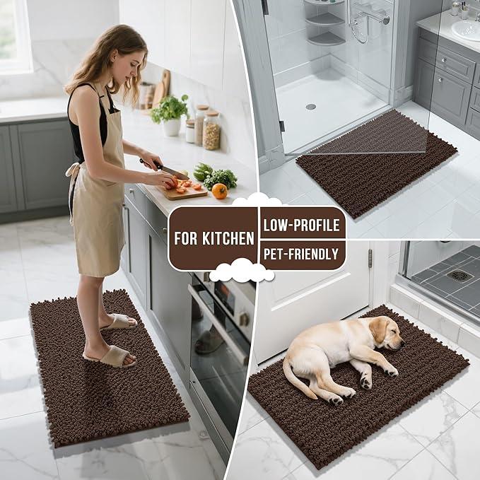 Yimobra Bathroom Runner Rug 55x24 Inch - Extra Long Non Slip Chenille Bath Mat, Soft & Absorbent, Machine Washable Shaggy Hallway Carpet for Vanity Tub Shower, Brown Home Decor Accessories - ModernBath