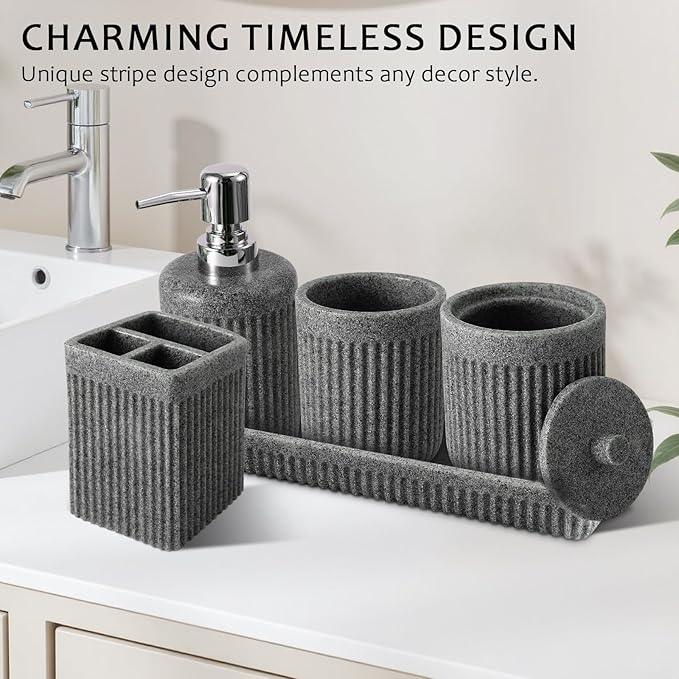 XLHOMO 8-Piece Grey Bathroom Set - Resin Bathroom Accessories Sets Complete with Shower Curtain and Rugs, Soap Dispenser, Toothbrush Holder, Tumbler & Apothecary Jars - ModernBath