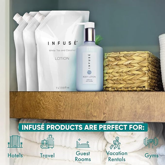 INFUSÉ 1 Liter Lotion Refill Bag For Soap Dispensers | Bulk Toiletries for Vacation Rentals, and Home Bathroom Showers | White Tea and Coconut | Set of 3