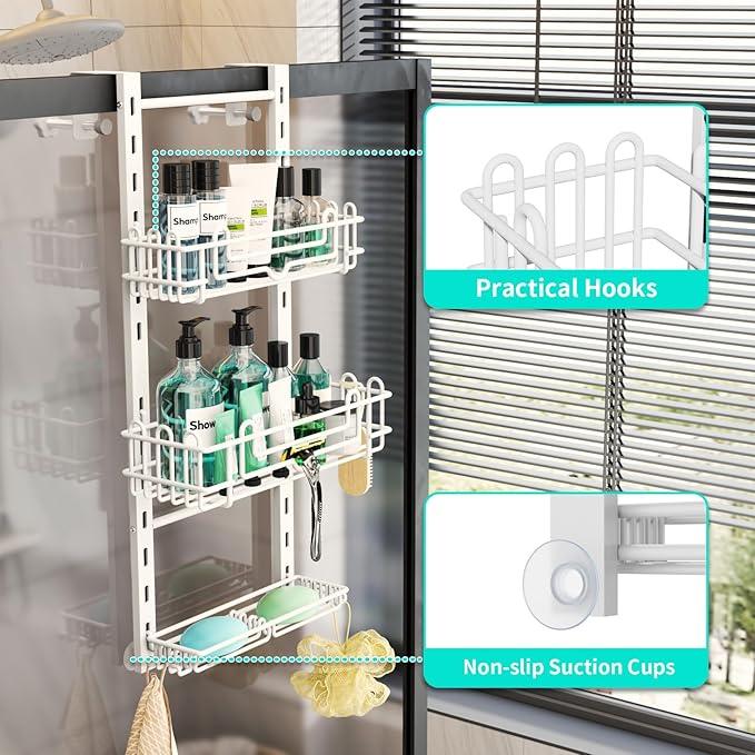 HapiRm 3 Tier Over the Door Shower Caddy, Hanging Shower Caddy with 16 Hooks and 2 Soap Holders, No Drilling Adjustable Hanging Bathroom Organizer - White - ModernBath