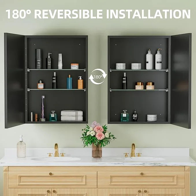Buruis 20" x 28" Framed Medicine Cabinet with Mirror, Recessed or Wall Mounted Bathroom Cabinet, Adjustable Tempered Glass Shelves, Left/Right Open Reversible, No Assembly Required, Black - ModernBath