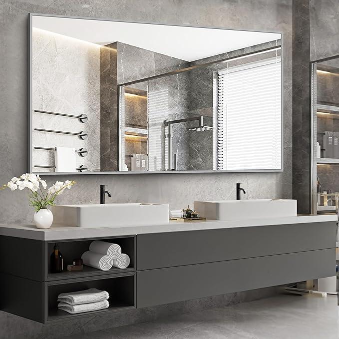 COFENY 36x60inch Brushed Nickel Bathroom Mirror, Silver Rectangle Mirror with Frame, Large Rectangular Wall Mirrors for Bathroom, Living Roomm, Hair Salon, Big Mirror Hang Horizontal/Vertical - ModernBath