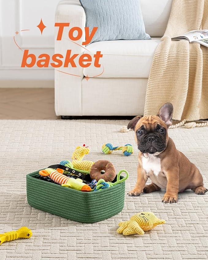 Small Woven Basket, 13.5 x 9.5 x 5 Inches, Storage Basket for Organizing, Cute Small Rope Shelf Closet Cube Storage Bins Baskets for Shelves, Dog Toy Gift Baskets Empty, 3 Pack, Green - ModernBath