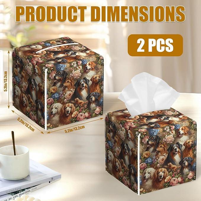 Dog Flower Tissue Box Cover 2PCS, Leather Tissue Box Holder Square Facial Paper Case Tissue Box Cube Organizer for Bathroom Bedroom Desk Office - ModernBath