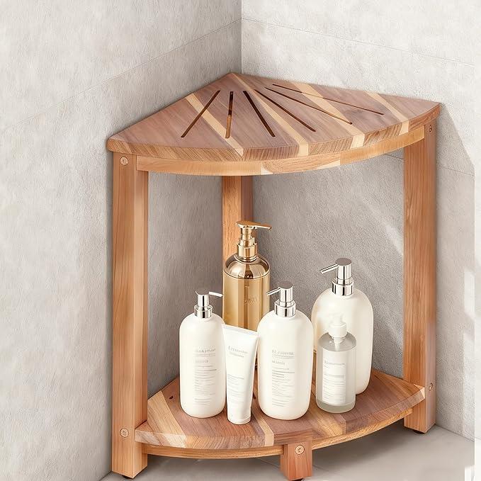 Bathroom Corner Shower Stool with Storage Shelf, Shower Feet Stool, Non-Slip Adjustable Feet Drain Holes, for Shaving Legs, SpacemSaving Shower Bench with Storage for Small Spaces - ModernBath