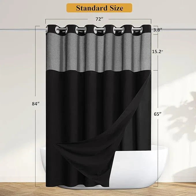 Jowels No Hooks Needed Linen Shower Curtain and Liner Set,Black Hotel Luxury Decor Shower Curtains for Bathroom with See Through Top Window,Water Resistant Fabric,72Wx84L,Black - ModernBath