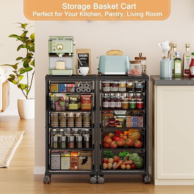 Kitchen Storage Cart with Drawer, 5-Tier Fruit Vegetable Storage Cart, Kitchen Organizer and Storage Cart with Wheels, Wooden Top Metal Wire Pantry Storage Cart rack for for Fruit Snack Onion Potato - ModernBath