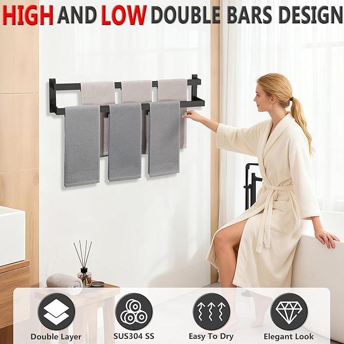 Alise 32 Inch Double Towel Bars for Bathroom Wall Mount,Black Towel Holder Double Towel Racks for Bathroom Lavatory,SUS304 Stainless Steel Square Towel Rail Towel Hanger for Walls - ModernBath