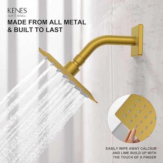 KENES Brushed Gold Shower Faucet, Modern Square 6-Inch Shower Head and Handle Set, Bathroom Rainfall Shower System Wall Mount, KE-6025B-4 (Including Shower Valve) - ModernBath