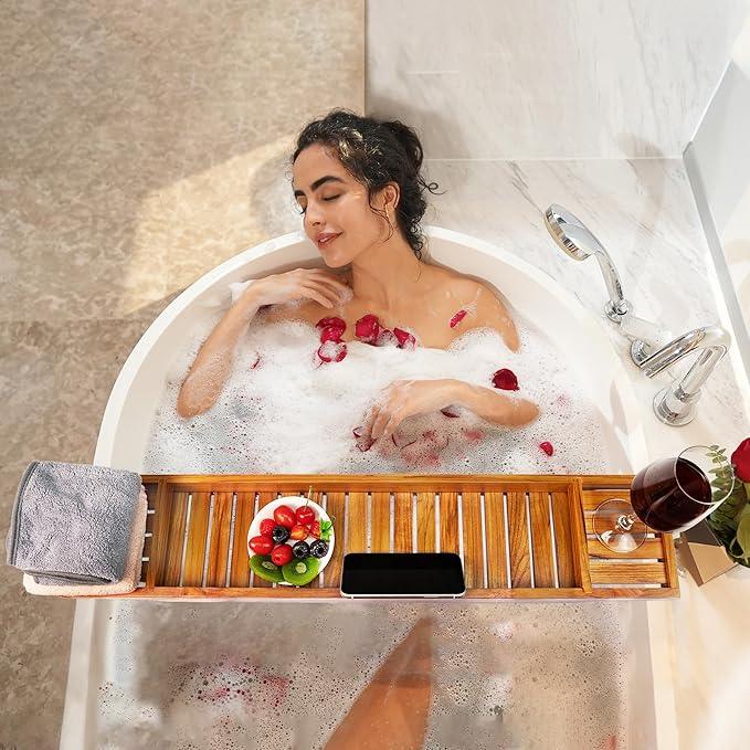 VaeFae Teak Bathtub Tray, Wooden Bath Caddy for Bathtub, Bath Tub Wood Table for Tub - ModernBath