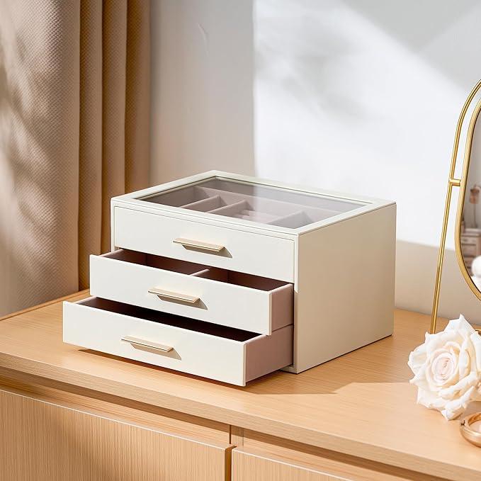 pickpiff Jewelry Box Organizer Case for Women: 3-Layer Jewelry Storage Case with Glass Window, Ivory Leather with Pink Velvet, Holder for Ring Necklace Bracelet Brooch Watch, Great Gift for Her - ModernBath