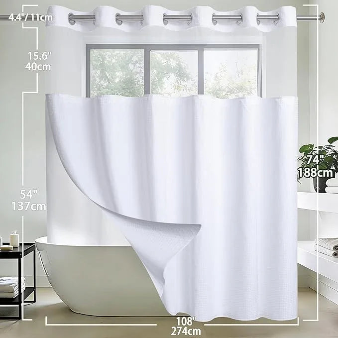 Extra Wide No Hook Waffle Weave Shower Curtain with Snap in Liner Set, 108" x 74" Hotel Luxury White Shower Curtains for Bathroom with See Through Top Window, Waterproof, Washable 108W x 74H - ModernBath