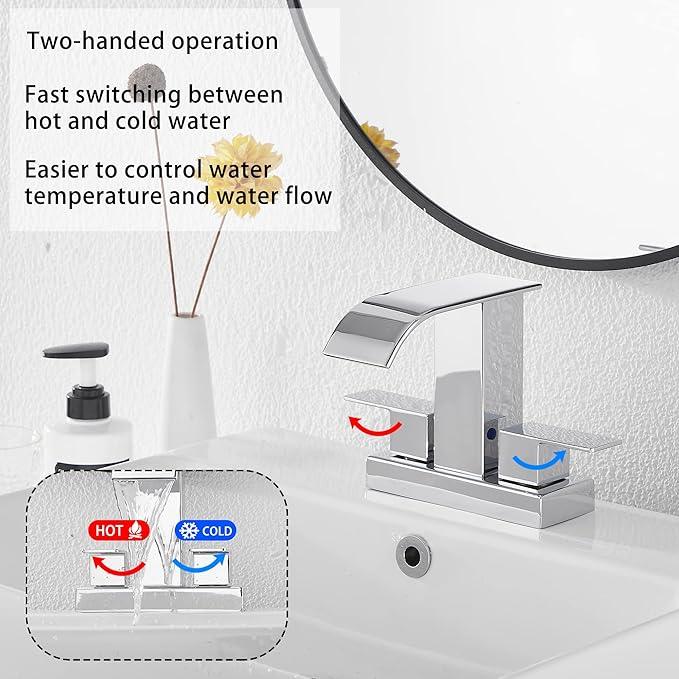 GGStudy Chrome Bathroom Faucet Modern 2 Handles 4 Inches Centerset RV Waterfall Bathroom Vanity Faucet with Drain Assembly - ModernBath