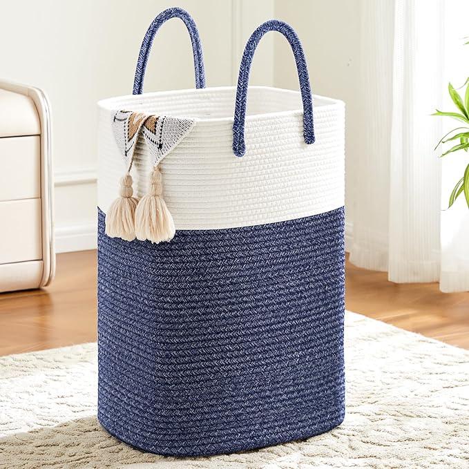 Laundry Basket,Woven Cotton Rope Laundry Hamper,Versatile Storage for Dirty Clothes,Baby Toys,and Blankets in Bathroom, Nursery,and Living Room (Blue, 60L) - ModernBath