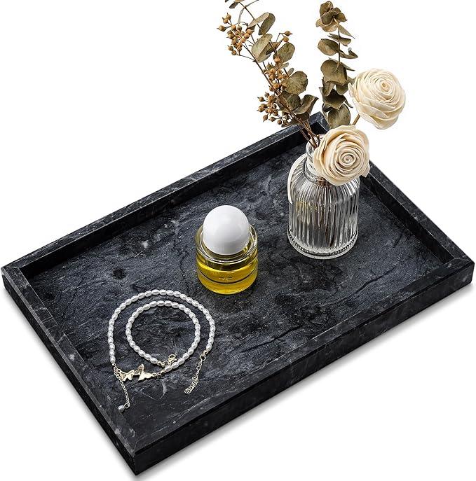 Zilukar Real Natural Marble Tray for Bathroom, Vanity, Kitchen and Desktop, Rectangle Genuine Marble Stone Tray for Jewelry, Cosmetics, Candles, Lotion, Perfume and Home Decor Black - ModernBath