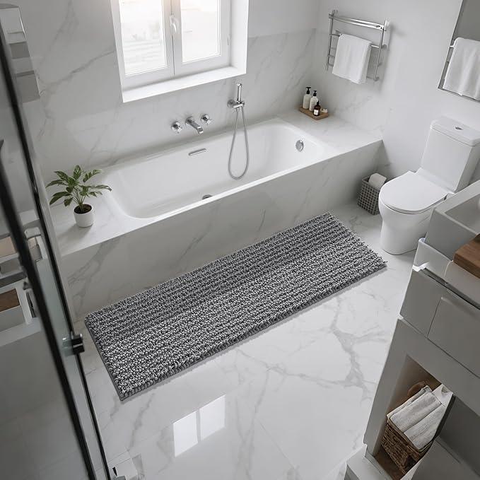 Yimobra Bathroom Runner Rug 60x24 Inch - Extra Long Non Slip Chenille Bath Mat, Soft & Absorbent, Machine Washable Shaggy Hallway Carpet for Vanity Tub Shower, Gray Home Decor Accessories - ModernBath