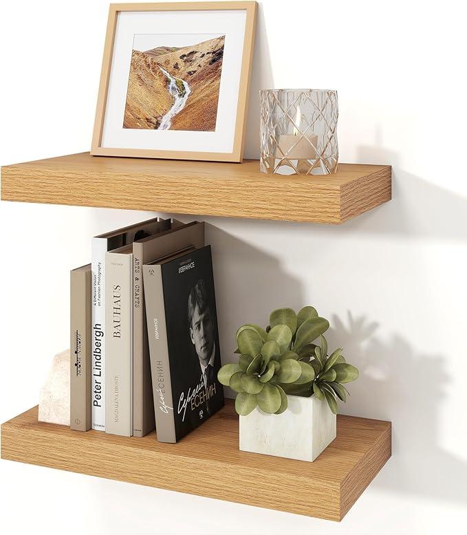 Floating Shelves for Wall, Wall Mounted Rustic Wood Shelves for Bathroom, Bedroom, Living Room, Kitchen, Hanging Shelf for Books/Storage/Room Decor (Oak, 16") - ModernBath