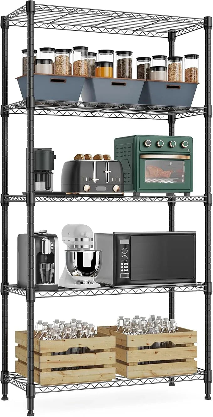 1250 lbs 5 Tier Shelf Metal Storage Shelves Wire Rack Closet Organizers with Wheel for Garage Kitchen Bathroom Laundry Black 13.7" D x 23.6" W x 62.4" H - ModernBath