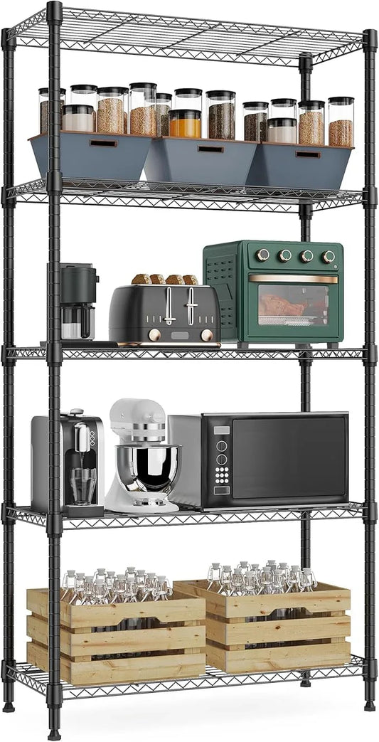 1250 lbs 5 Tier Shelf Metal Storage Shelves Wire Rack Closet Organizers with Wheel for Garage Kitchen Bathroom Laundry Black 13.7" D x 23.6" W x 62.4" H - ModernBath