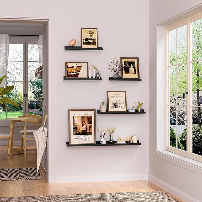 Heimlove Floating Shelves Set of 6, 16" Wall Mounted Picture Ledge, Display Shelf Organizer for Decor Storage, Wall Mounted Shelves for Living Room, Bedroom, Bathroom, Kitchen (Black) - ModernBath