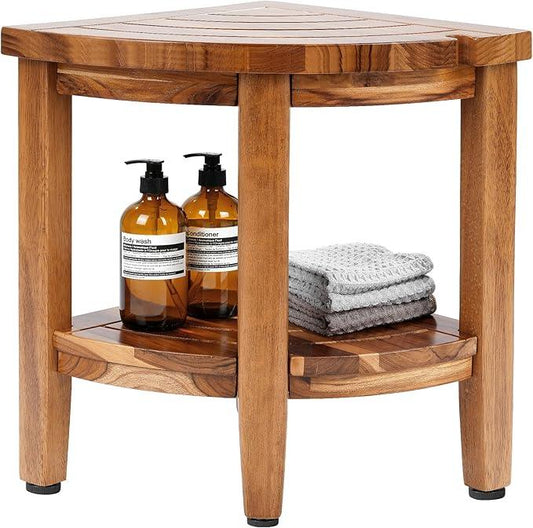 Jekruiet 18" Teak Corner Shower Stool, 2-Tier Teak Shower Bench with Storage Shelf, Adjustable Non-Slip Feet - ModernBath
