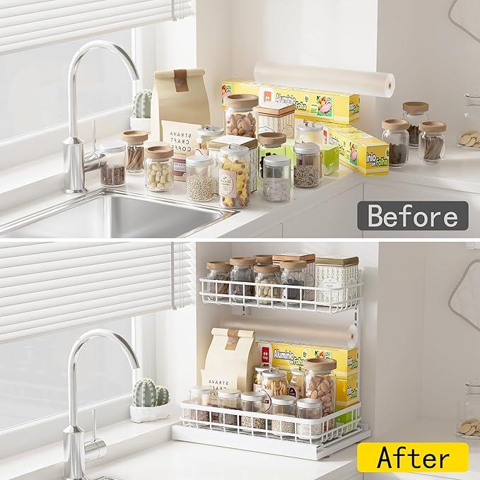 Under Sink Organizer, Adjustable Height Pull-Out Kitchen Storage Organization,15.8" x 11.8" x 16.5", 2-Tier Kitchen Shelf, Bathroom Drawer Organizer, 2 Pack|White - ModernBath
