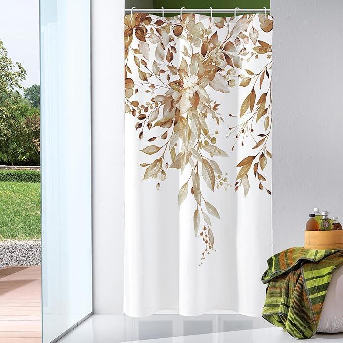 Gibelle Small Stall Shower Curtain 36 x 72, Narrow Brown Floral Shower Curtain for Bathroom, Watercolor Plant Eucalyptus Leaves Fabric Shower Curtain Set - ModernBath