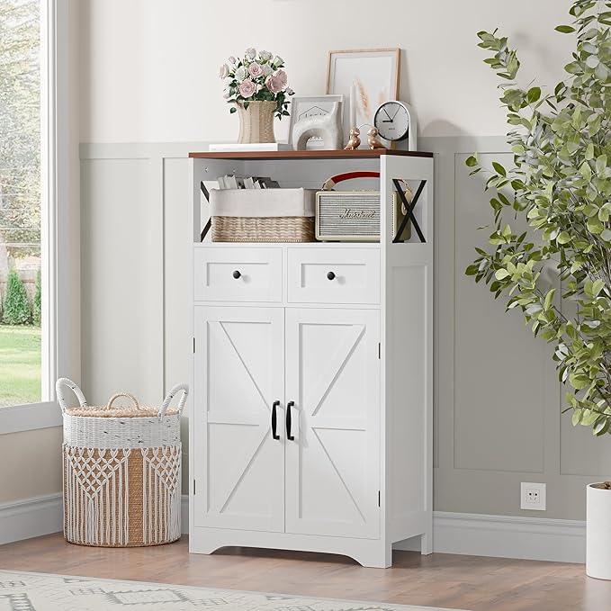 SUPER DEAL Farmhouse Storage Cabinet, Bathroom Floor Cabinet Kitchen Pantry with Doors and Drawers, Hutch Cupboard for Laundry, Living Room, Bedroom, White - ModernBath