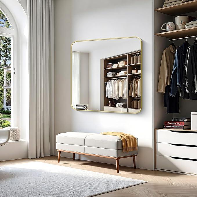 CIVENO Gold Bathroom Mirror, 42x42 Inch Metal Framed Square Mirror, Rounded Corner Gold Vanity Mirror, Large Wall Mounted Mirrors for Living Room Bedroom Entryway Hangs Horizontal or Vertical - ModernBath